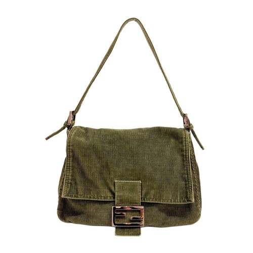 FENDI Mamma Baguette Olive Green Corduroy Shoulder Bag