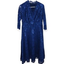 Women's 3/4" Sleeve Lined Lace Formal Dress Blue Nylon Blend Size 14 See Measure