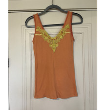 Free People Camisole Tank Womens M Orange Yellow Ribbed Lace Trim Cotton