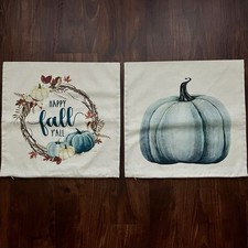 Set of 2 Fall Pumpkin Pillow Covers With Zipper Linen Farmhouse Fits 18x18