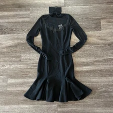 Vintage Angelo Tarlazzi Paris Black Wool Mesh Sleeve Midi Mermaid Dress Applique