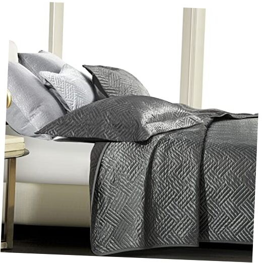  Silk Satin Quilt Set, Geometric Pattern Bedspread Luxury Quilted King Grey