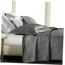  Silk Satin Quilt Set, Geometric Pattern Bedspread Luxury Quilted King Grey
