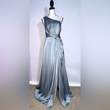 Azazie Satin Formal Grey Maxi Prom Dress with Side Slit Sz A6