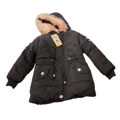 New Girls Black Quilted Puffer Jacket Pink Faux Fur Hood Floral Embroidery 3-4Y