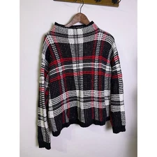 Chaps Women’s Plaid Knit Sweater Black Red White Fuzzy Texture Size L