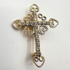 Vintage 90s Gold Tone Clear Glass Cross Brooch Pin Religious Fashion Jewelry