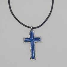 CROSS BLUE COLOR Pewter Pendant Charm / 26+" Adjustable Rope Necklace
