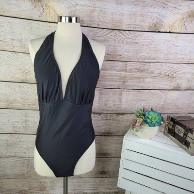 Brave Soul Women's Black Plunge Fitted Halter Swimsuit Size 16 NT