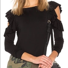 Max Studio Women Black Ruffled Bare Shoulder Top Rayon Rib Knit Classic Shirt M