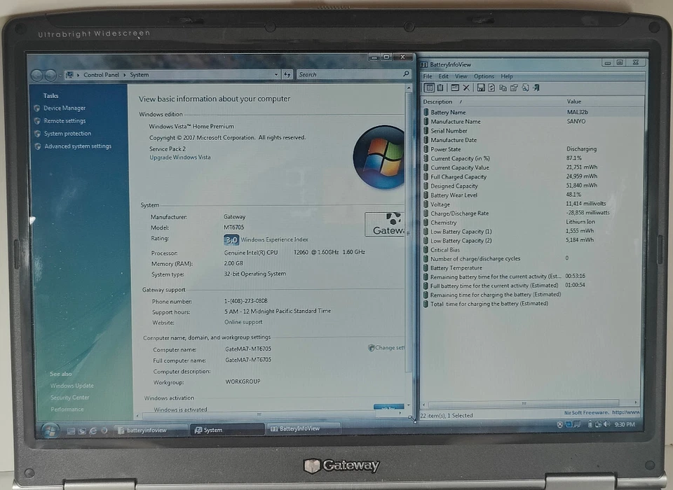 Gateway MA7 MT6705 Intel Pentium T2060 1.6GHz/2GB RAM/320GB HDD/15.4" Win Vista Foto 2 de 4