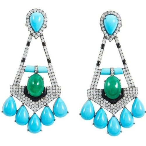 Turquoise Dangle Earrings S925 Sterling Silver Celebrity Red Carpet High Jewelry - Afbeelding 1 van 1