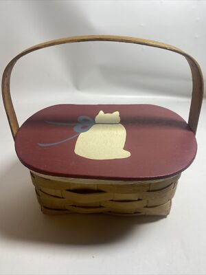 Hand Painted Cat Small Woven Basket With Hinged Lid And Handle