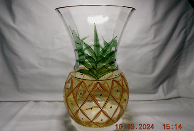 Vintage Pineapple Hand Painted Romanian Crystal Vase Gold Trim 12'' w2s12