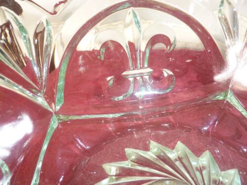 Light Green Cut GLASS Fruit/Trifle Bowl Etched with Fleur-de-lis*REDUCED/GIFT!* - Picture 3 of 5