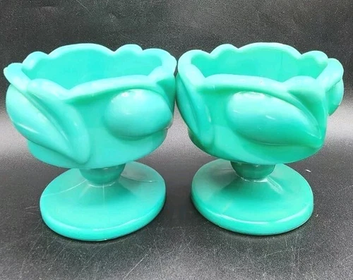 Fenton For Tiara Sage Mist Art Glass Candle Holders Desert Leaf  Vtg  2pc LE