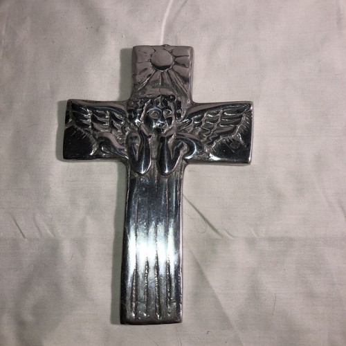 Metal Silver Wall Hanging Cross With Cherub Angel Mexican Pewter? - Picture 3 of 6