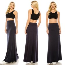 Popular Basics Black Casual Fold Over Elastic Waistband Jersey Long Maxi Skirt S