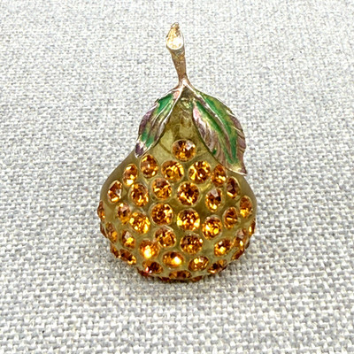 Vintage Forbidden Fruit Brooch Golden Pear Crystals Green Enamel 2 Inches
