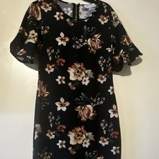 Zoe + Rose Womens M Black Floral Crew Neck Ruffle Sleeve Shift Knee Chiffon Zip