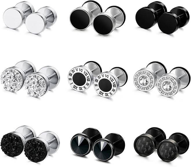 9 pares de aretes de calibre falso para hombre mujer de acero inoxidable redondos Ch
