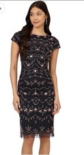 Adrianna Papell Embellish Beaded Mesh Sheath Dress Size 10 Navy Rose Gold NWT