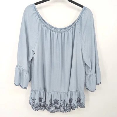 Democracy Top Women Large Blue Chambray Embroidered Peplum Bell Sleeve Lyocell - Image 1 of 4