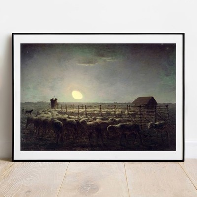 Kunstdruck Hirse - Der Schafstall, Mondschein 1856 Wandbild Gemälde Giclée Poster