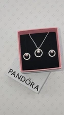 New Authentic PANDORA 925 Pearl & Pave Halo Stud Earrings Necklace Jewelry  Set