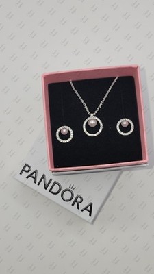 New Authentic PANDORA 925 Pearl & Pave Halo Stud Earrings Necklace Jewelry  Set
