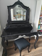 French Style Dressing Table with Mirror  And Stool Black Wood