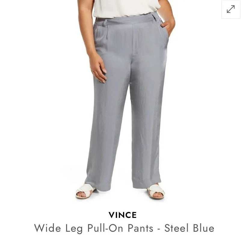 NWT Vince Womens Pants 2XL Steel Blue Wide Leg Pull On Pleated Trouser Satin