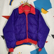 Vintage 80s 90s Columbia Down Jacket Puffer Medium Reversible Color Block Neon