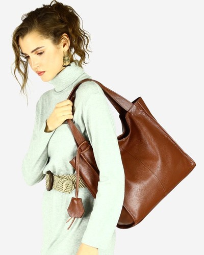 Borsa shopper in pelle italiana fatta a mano morbida taglia media - marrone - Foto 6 di 12