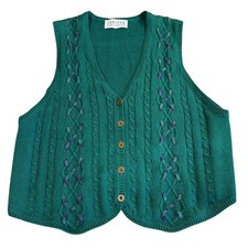 Jantzen 90s Cable Knit Ribbon Vest Green M/L Vintage Grandmacore Holiday Tartan