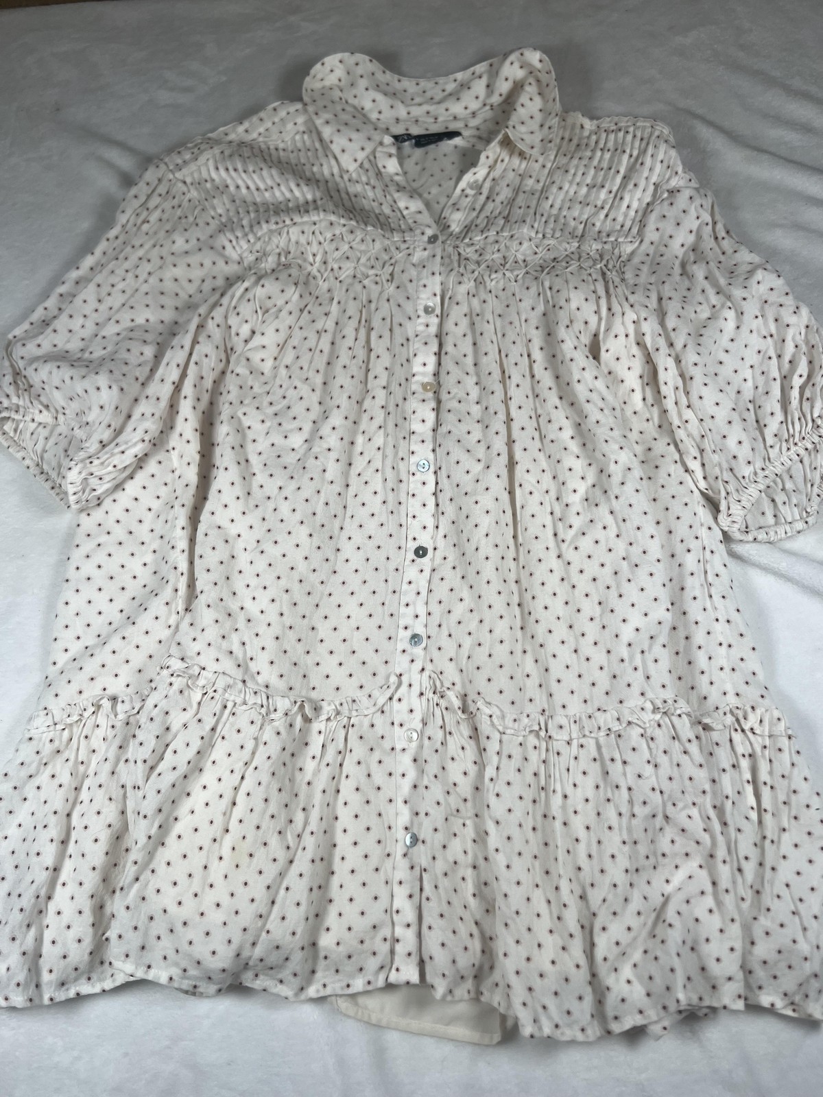 Zara Shirt Womens Small White Polka Dot Ruffle Button Up 3/4 Sleeve Tunic Top