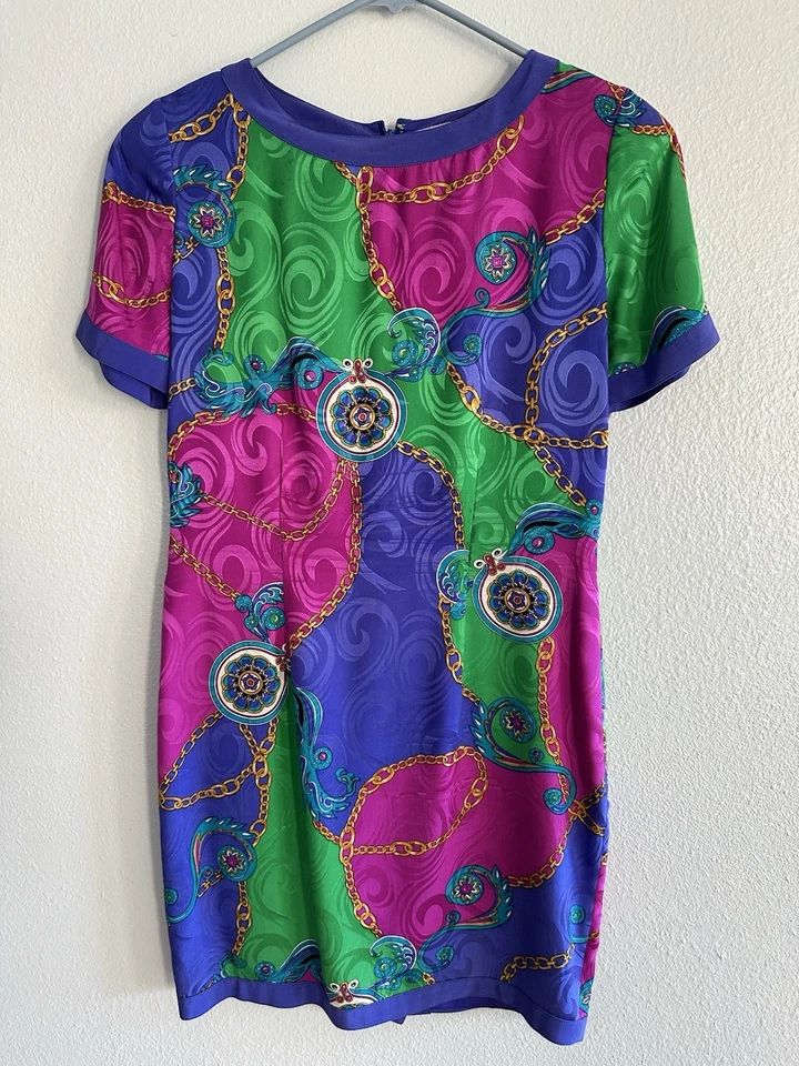 VTG Adrianna Papell Silk Dress 6 Baroque Chain Print 90s Glam Jewel Tone - Image 2 of 4