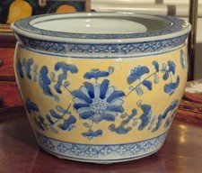 Glazed Patterned Plant Pot Yellow Blue Flowers Chinese Style - 6" top diameter