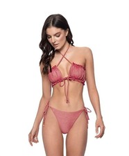 NWT Pilyq Arc Remi Ruched Bandeau Bikini Swim Top  Tie Side Bottom Red 132549