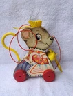Vintage 1962 Fisher Price MERRY MOUSEWIFE Wood Pull Toy Sweeping Mouse WORKS!