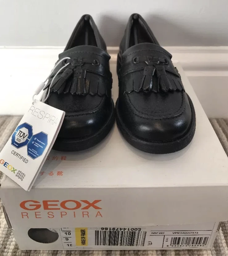 Geox Girls Black Leather Designer Loafers Agata Fringed School