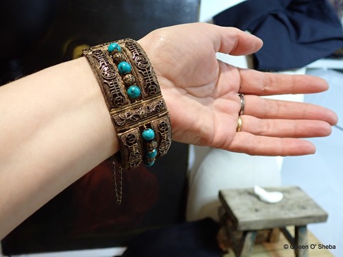 Bracelet Chinese Filigree Turquoise Siver Gilded Vintage Characters Hallmark - Picture 2 of 17