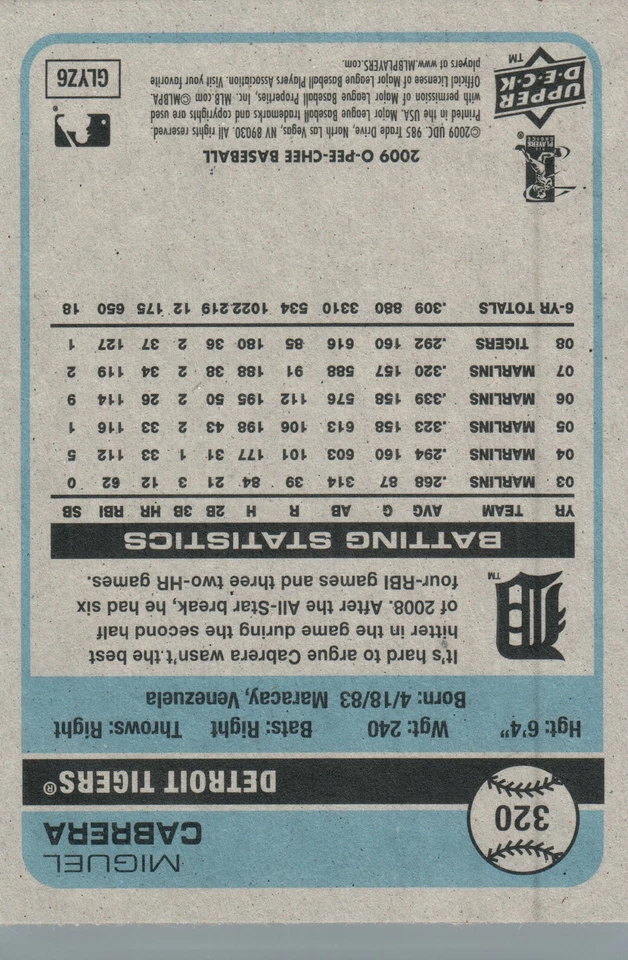 #320 Miguel Cabrera Detroit Tigers 2009 O-PEE-CHEE Baseball Card FAX - Image 2 of 2