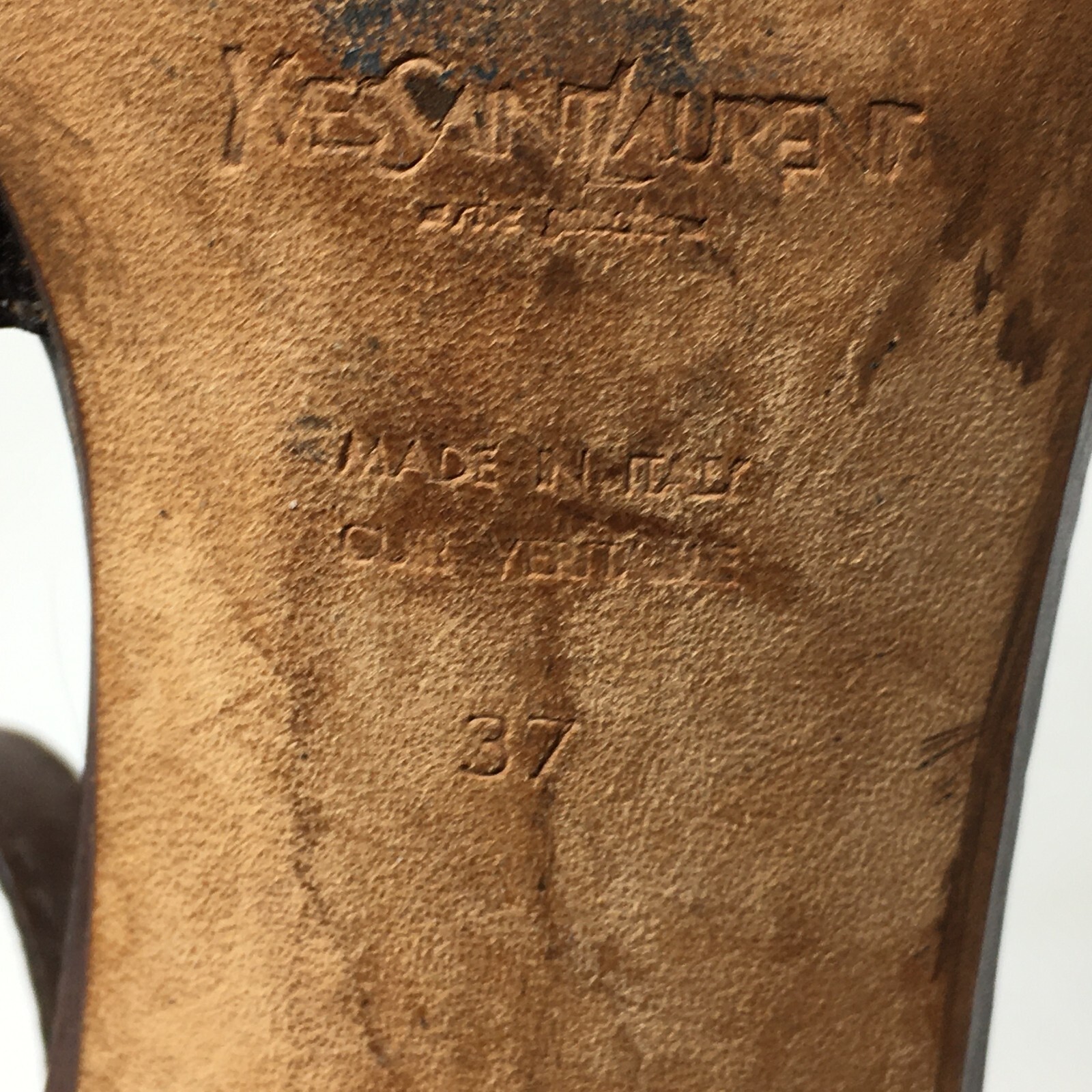 Sandali con tacco Yves Saint Laurent logo scarpe donna taglia 7 US 37 EU pelle marrone