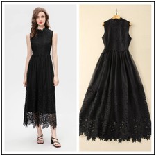 Women French Style Stand Collar Sleeveless Lace High-waisted Hollow A-line Dress