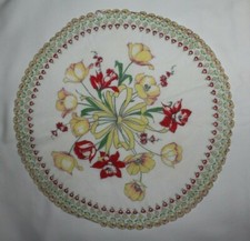 Vintage Hankie Handkerchief  Round with Tulips and Daffodil Flowers Tied w Bow