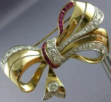 ANTIQUE 5.80CT OLD MINE DIAMOND & AAA RUBY 14KT TWO TONE GOLD PIN BROOCH #21890