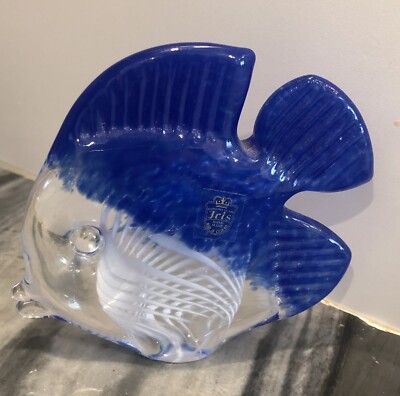Iris Czech Republic Art Glass Fish Blue White Lattice Swirl