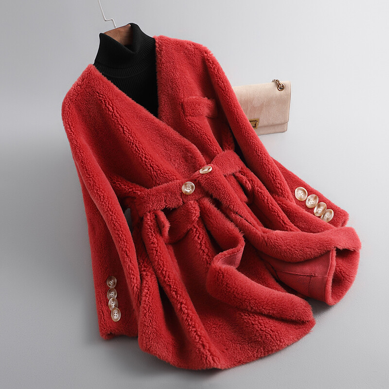 Womens Lamb Wool Fur Jacket Long Korean Sheep Shearing Mink Fur Belted Jacket