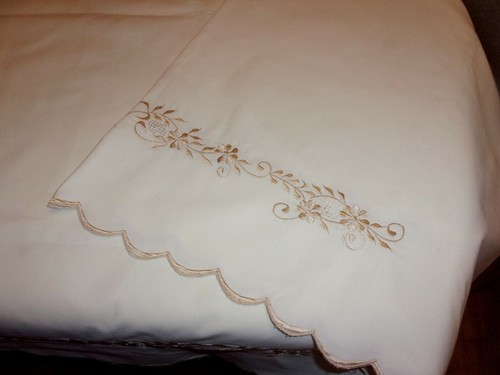 Beige & Cream Cotton Blend Formal Dining TABLECLOTH Floral-Vines Stitch 120"x68" - Picture 4 of 13
